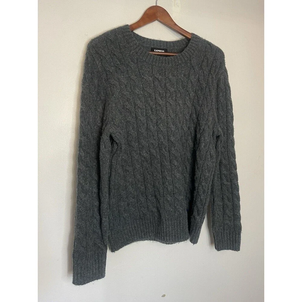 Express Men's Medium Gray Cable Knit Pullover Sweater Wool Blend Long Sleeve